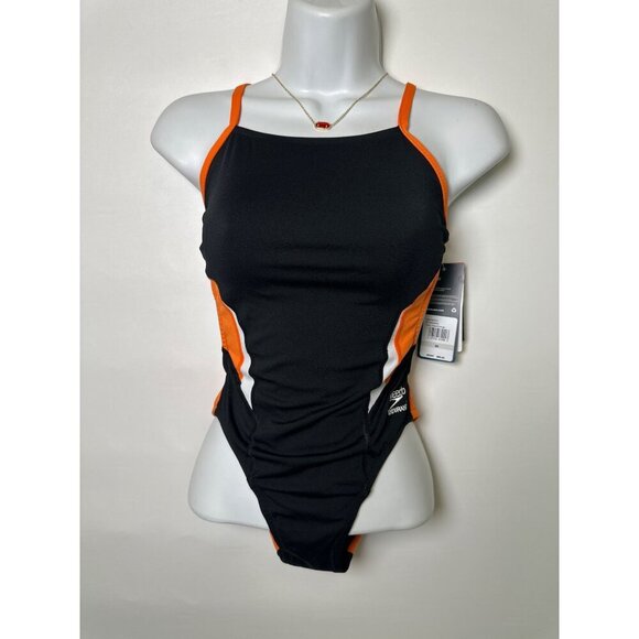 Speedo Women S Edge Splice One-Piece Swimsuit, Black/Orange, 26 NWT - Picture 2 of 7